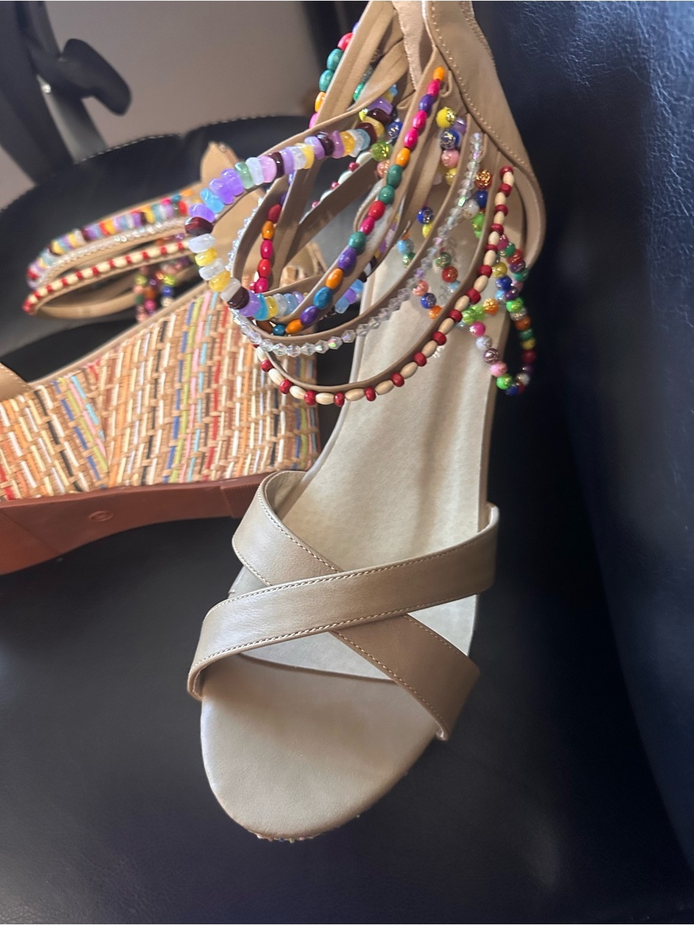 Wedge Sandals with Multicolor Beaded Ankle Straps - Tan